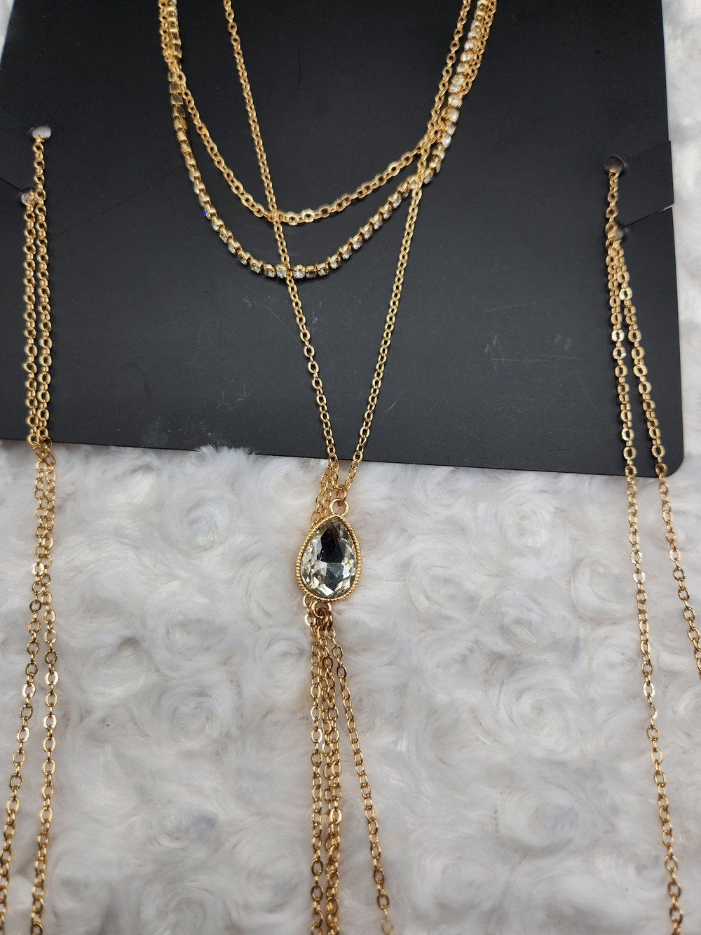 Gold Teardrop Layered Necklace with Clear Stone Pendant